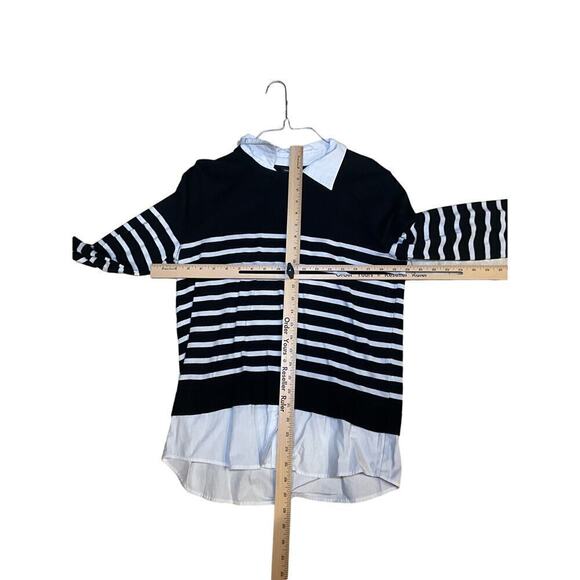 Cable & Gauge Blouse Top Women Large Black White Striped Rayon Ruffle Hem Collar - Picture 4 of 4